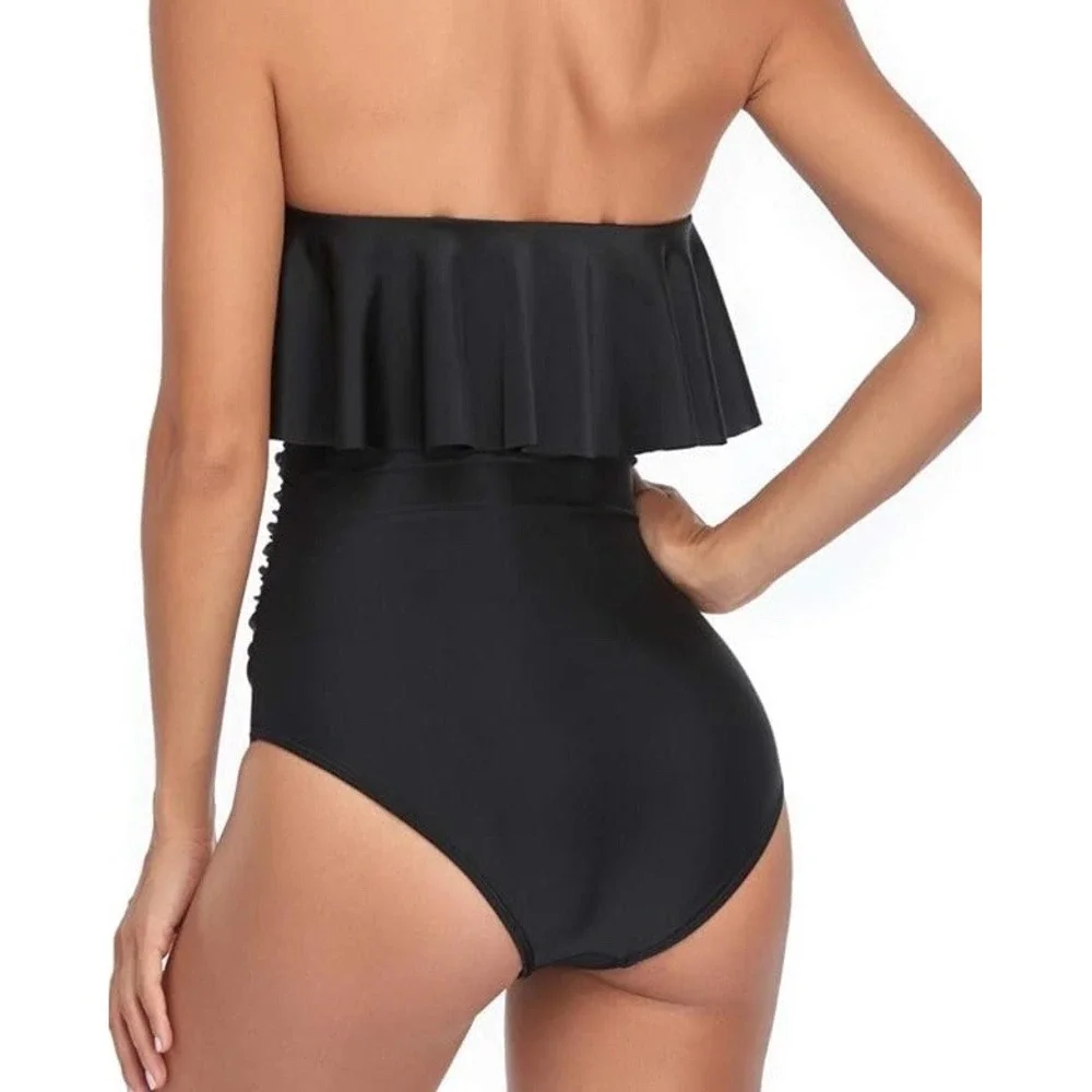 NWT Women's Smismivo‎ One Piece Ruffle Flounce Ruched Swimsuit Black - Small